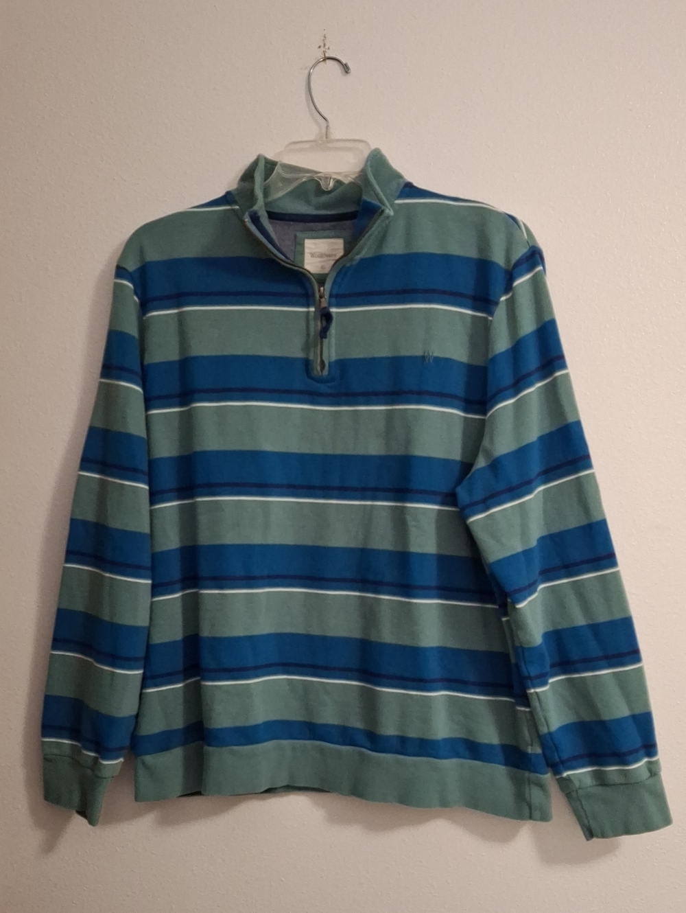 Men's Quarter-Zip Striped Pullover Sweater/ Sweatshirt - Blue & Sage Size XL